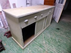 Victorian shabby chic painted heavy pine kitchen side cabinet with scrub top, 3 drawers above 3