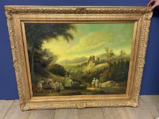 A large modern oil on canvas, C19th style landscape of ladies washing with castle ruin's and