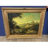 A large modern oil on canvas, C19th style landscape of ladies washing with castle ruin's and