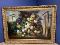 A large modern oil on canvas, Dutch Still life of flowers, flanked in the background by Classical