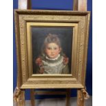 Oil on board of Edwardian seated girl in ornate gilt frame 34 x 29cm