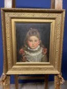 Oil on board of Edwardian seated girl in ornate gilt frame 34 x 29cm