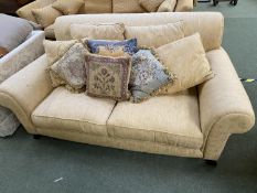 Good quality sofa, upholstered in gold coloured fabric , with good quality tapestry cushions