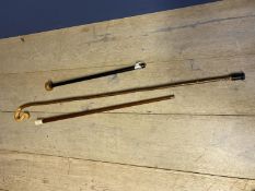 3 walking sticks to include adjustable metal one, a shepherds crook CONDTION: general wear