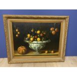 A large modern oil on canvas, Dutch Still life Fruit and bowl after Thomas hiepes, 80 x 104cm, in