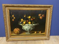 A large modern oil on canvas, Dutch Still life Fruit and bowl after Thomas hiepes, 80 x 104cm, in