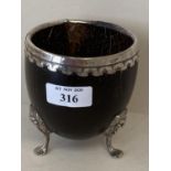 Very good quality silver mounted coconut shell, supported by 3 lion feet legs, 9cmdiam