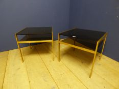 Pair of good quality contemporary 2 tier occasional tables, brass surround and smoked glass shelves,