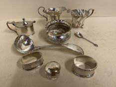 9 small Hallmarked silver cabinet pieces including 2 cream jugs, ladle, spoon, napkin rings, mustard