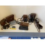 Qty of leather cased vintage binoculars & cameras Kodak, Ross, New Bond St London, Watson & Sons