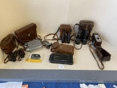 Qty of leather cased vintage binoculars & cameras Kodak, Ross, New Bond St London, Watson & Sons