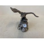 (Sterling Silver) Eagle in-flight supported by rocks beneath, 13cm H with inset clock