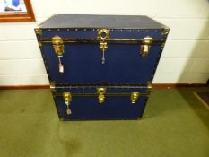 Two large Mossman leather trunks, 91cm wide x 49cm high x 52cm depth, keys to one trunk and no