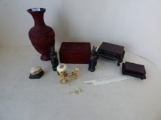 Chinese ivory clam, signed to base, rickshaw & letter opener. 2 Oriental cinnabar lidded box and