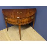 George lll satinwood and marquetry inlaid bow fronted hall table, supported by two pull-out draws on