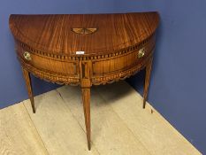 George lll satinwood and marquetry inlaid bow fronted hall table, supported by two pull-out draws on