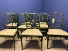 Good set of C19th green painted and gilded dining chairs with drop in seats