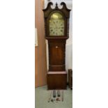 Victorian oak Long case clock with arched and painted dial. Jas Scott, Kendall cw weights and winder