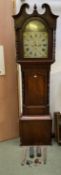 Victorian oak Long case clock with arched and painted dial. Jas Scott, Kendall cw weights and winder