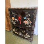 Late 19th painted and lacquered Chinese cabinet of 4 doors decorated with birds and flowers 93cmW