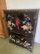 Late 19th painted and lacquered Chinese cabinet of 4 doors decorated with birds and flowers 93cmW