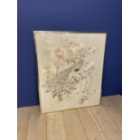 Good modern Chinese silkwork and embroidered picture of a peacock in floral landscape, 125 x 105cm