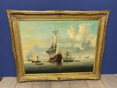 A large modern oil on canvas, "Maritime Scene after Monamy" in a swept gilt frame 77 x 102, from a