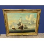 A large modern oil on canvas, "Maritime Scene after Monamy" in a swept gilt frame 77 x 102, from a