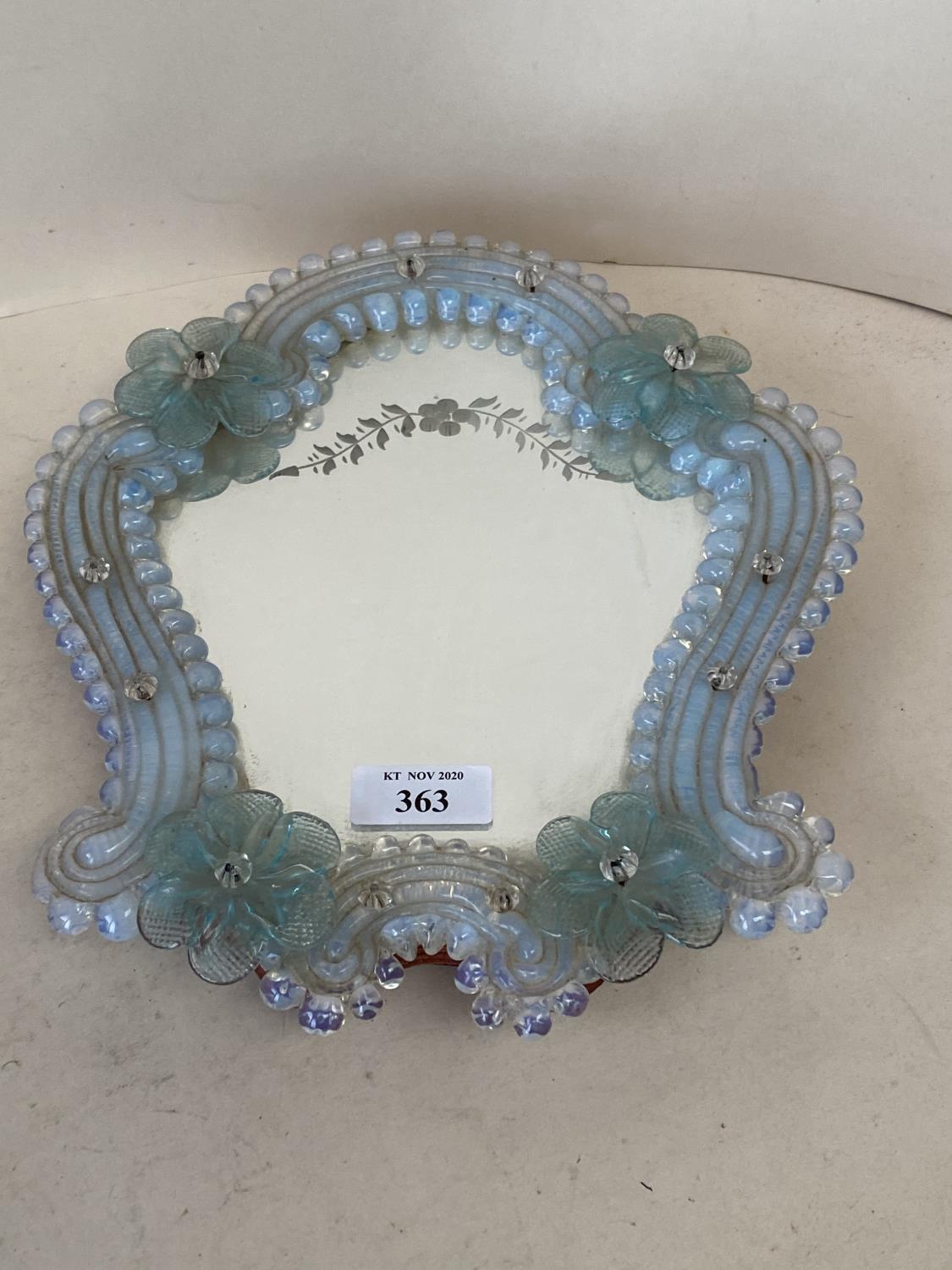 Small Venetian glass shield shape standing dressing table mirror, 26cmH