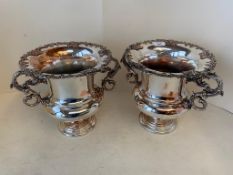 Pair of good old silver plate campana shaped ice buckets, with vine leaf decoration, 25cmH, some