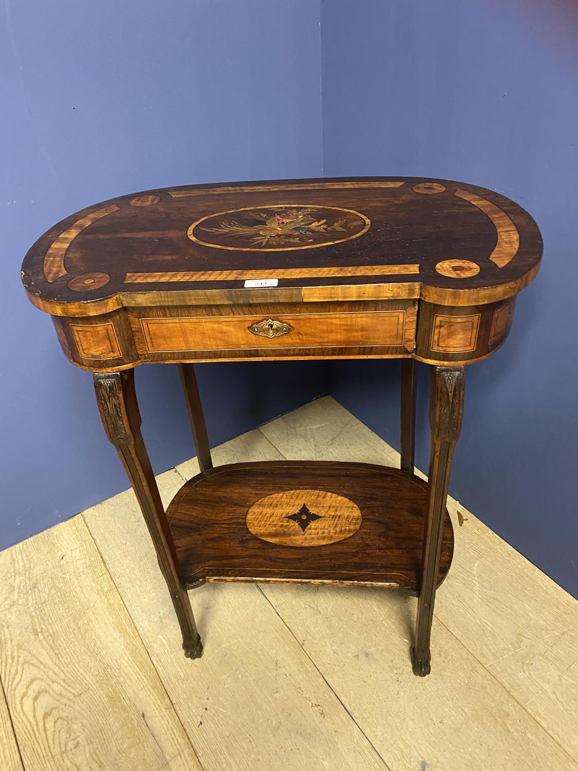 C19th inlaid marquetry two tier kidney shape side table with drawer and under shelf - Image 2 of 8