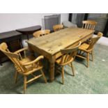 Pine kitchen table, rectangular, 180x82cm, & 6 modern stick back kitchen chairs (Condition: some