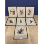 Set of 7 framed and glazed pictures of Chinese figures on rice paper. Condition - fly damage and