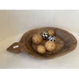 Large rustic wooden carved bowl & decorative balls