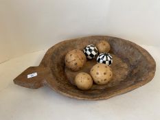 Large rustic wooden carved bowl & decorative balls