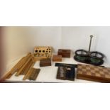 Qty of vintage measuring rulers, sticks, some Boxwood, a wooden set of brass gram weights, a