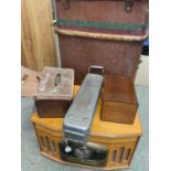 Vintage suitcase, vintage style radio, an old surgical steriliser and box with glass surgical