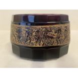 A Moser mauve oval glass vase , the body decorated with figures and animals in relief, signed to