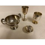 EPNS 2 handled cup, maker R&DL, inside worn; Modern Hallmarked silver small cup with silver gilt