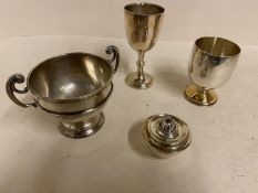 EPNS 2 handled cup, maker R&DL, inside worn; Modern Hallmarked silver small cup with silver gilt