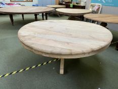 Good quality bleached hardwood circular table on a central pedestal. 200 cm diameter. (Condition -