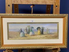 Gilt framed extensive oil painting of a Victorian beach scene with figures and parasols. 14.5x47.5