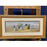 Gilt framed extensive oil painting of a Victorian beach scene with figures and parasols. 14.5x47.5