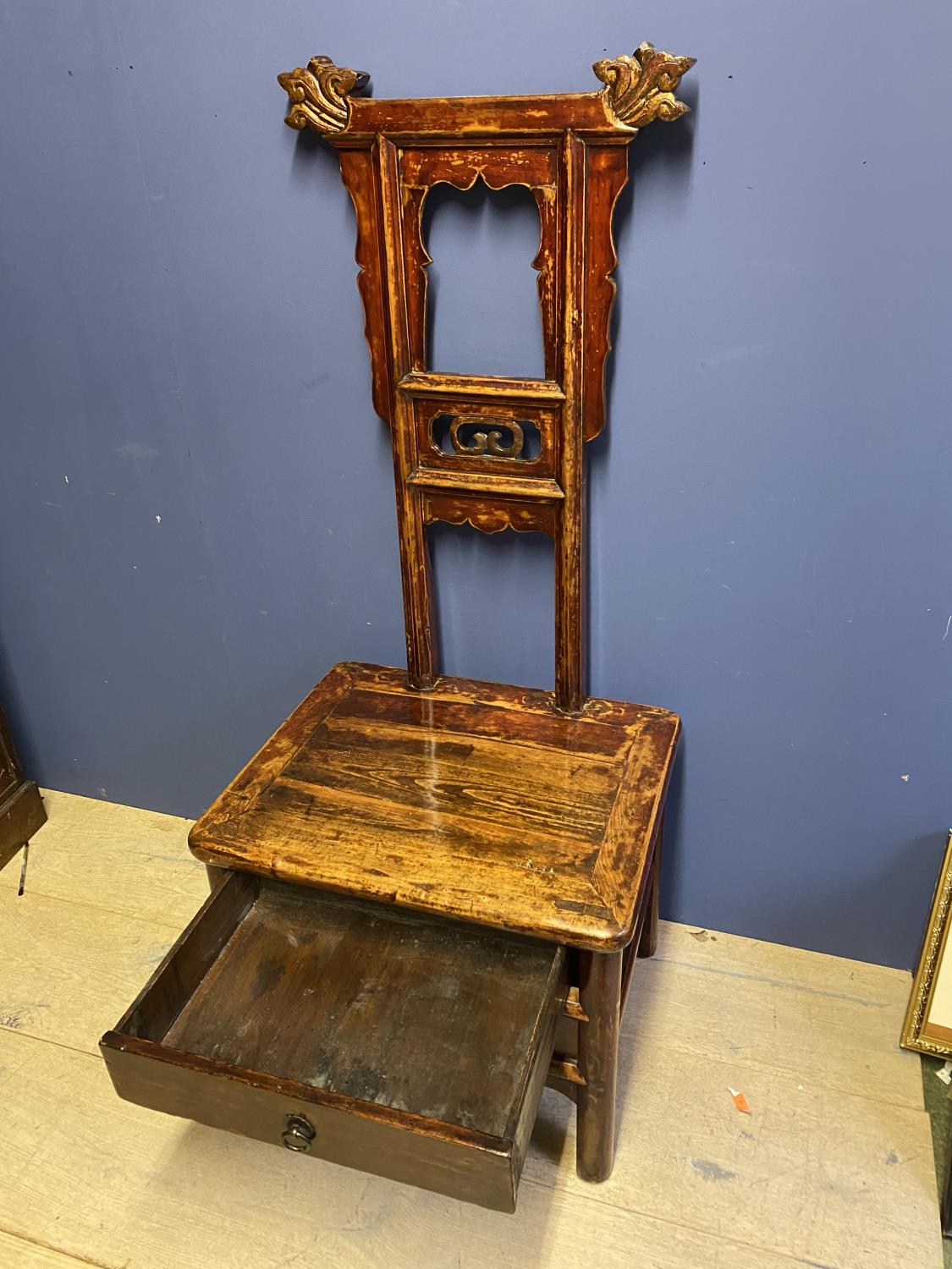 Chinese provincial style high backed box seat chair , the seat 54cmW x 129 cm H, condition, - Image 2 of 2