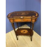 C19th inlaid marquetry two tier kidney shape side table with drawer and under shelf