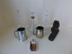 Hallmarked silver collared decanter and 2 others with damage, plated beer mugs, silver plated