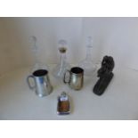 Hallmarked silver collared decanter and 2 others with damage, plated beer mugs, silver plated