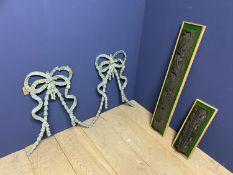 Pair of green painted decorative wall wooden swags and bows and 2 mounted carvings