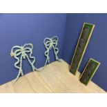 Pair of green painted decorative wall wooden swags and bows and 2 mounted carvings