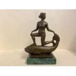 Art Deco bronze of a female nude riding a fish, signed FREMIET, 38cmH,